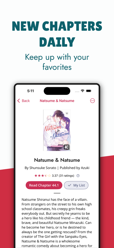 Omoi: Manga Reader - Interface do aplicativo Omoi Manga Reader mostrando a página da série Natsume e Natsume com uma notificação de novos capítulos diários