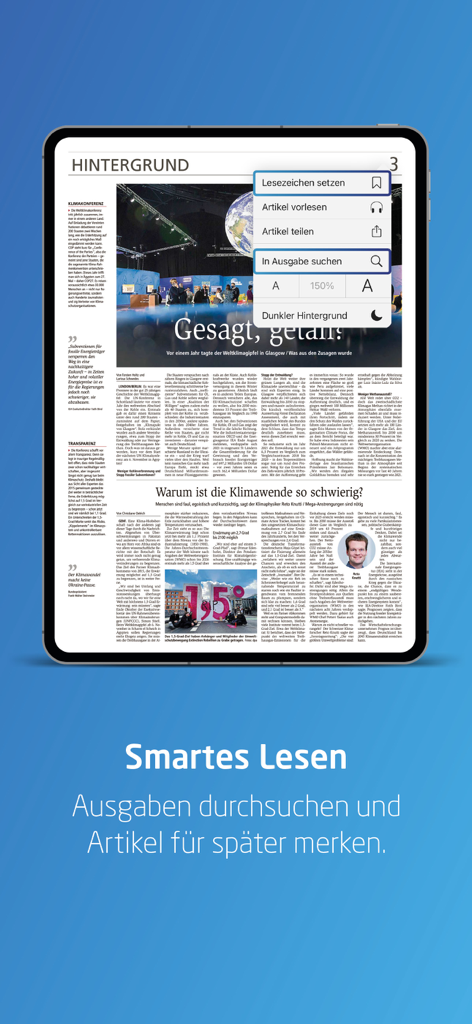 Echo E-Paper App auf einem iPad, die intelligente Lesefunktionen und Barrierefreiheitsoptionen für digitale Zeitungsartikel zeigt.