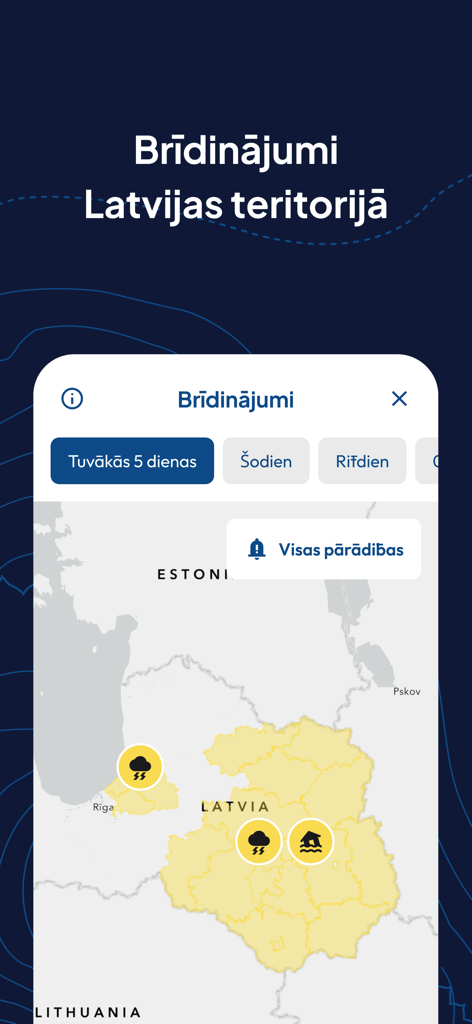 Mapa oficial de advertencias meteorológicas para Letonia mostrado en la aplicación móvil Meteo.lv