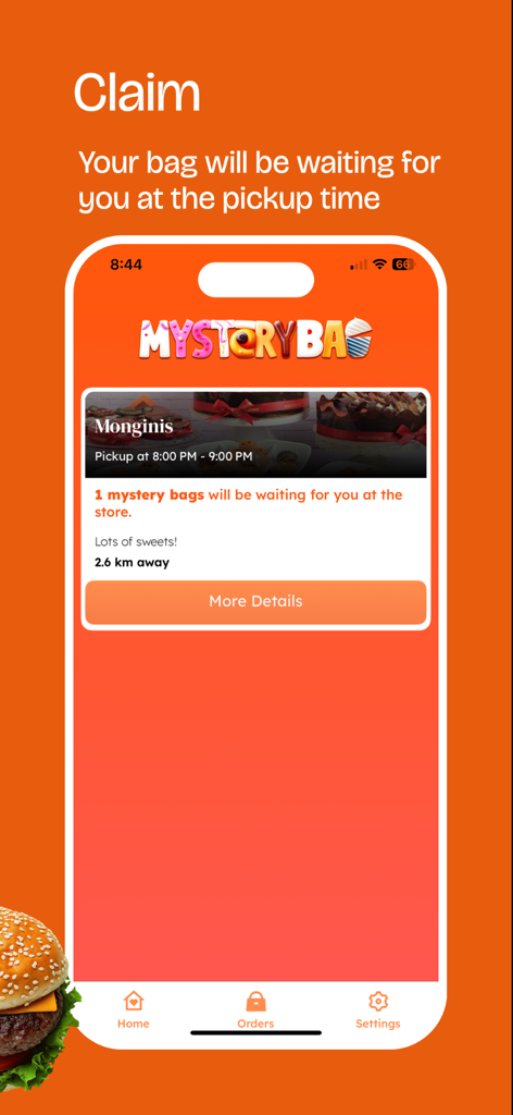 Interfaz de la aplicación Bolsa Misteriosa mostrando una bolsa de comida reservada para recoger en una panadería