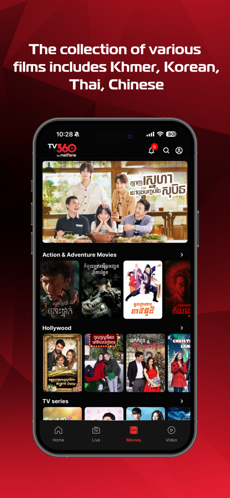 TV360 by Metfone app interface showing a collection of Khmer Korean Thai and Chinese movies