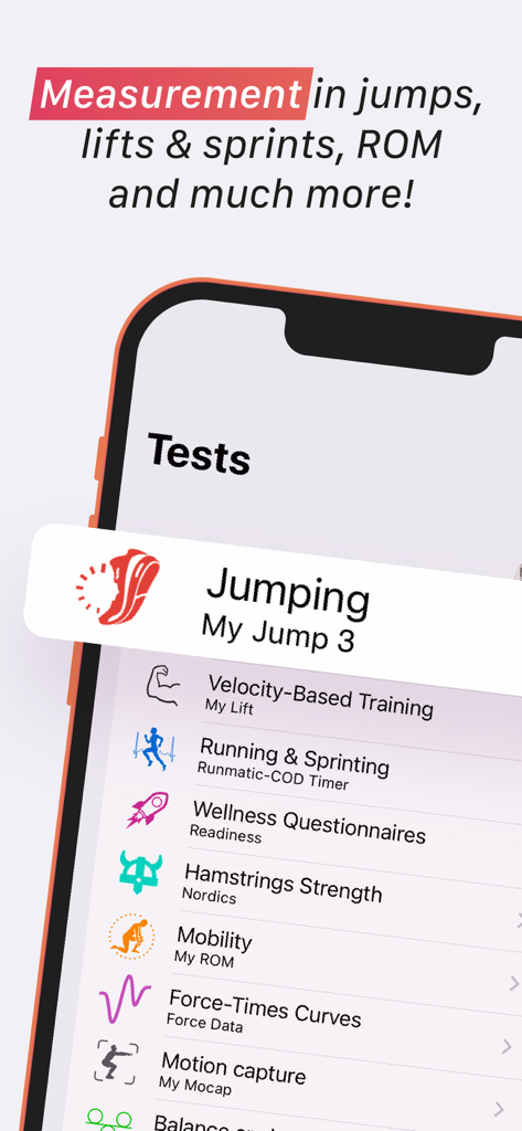 My Jump Lab (My Jump 3) - List of sports performance tests in the My Jump Lab app menu including jumping sprinting and mobility