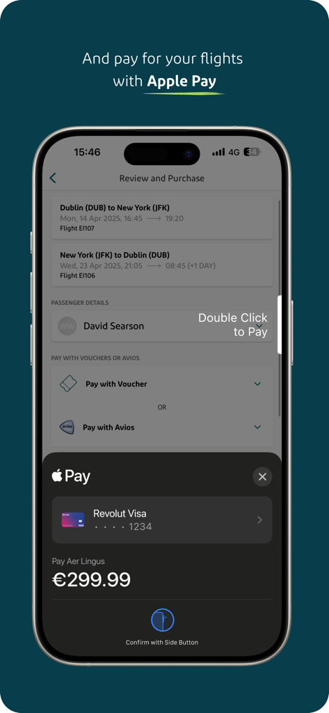 Aer Lingus app flight booking screen showing Apple Pay integration for secure payment
