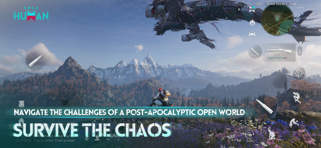 Once Human - Un personnage chevauchant une moto à travers un vaste paysage de monde ouvert dans Once Human, avec des montagnes et une créature surnaturelle géante dans le ciel.