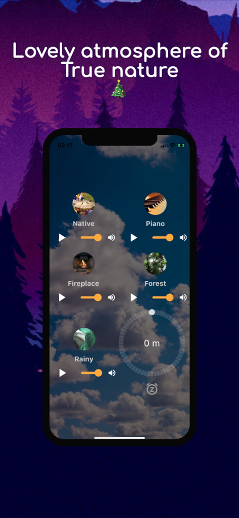 Nature Sounds : Relax & Calm - Una pantalla de teléfono móvil mostrando la interfaz de la app Sonidos de la Naturaleza con deslizadores de volumen para mezclar sonidos ambientales como bosque y lluvia