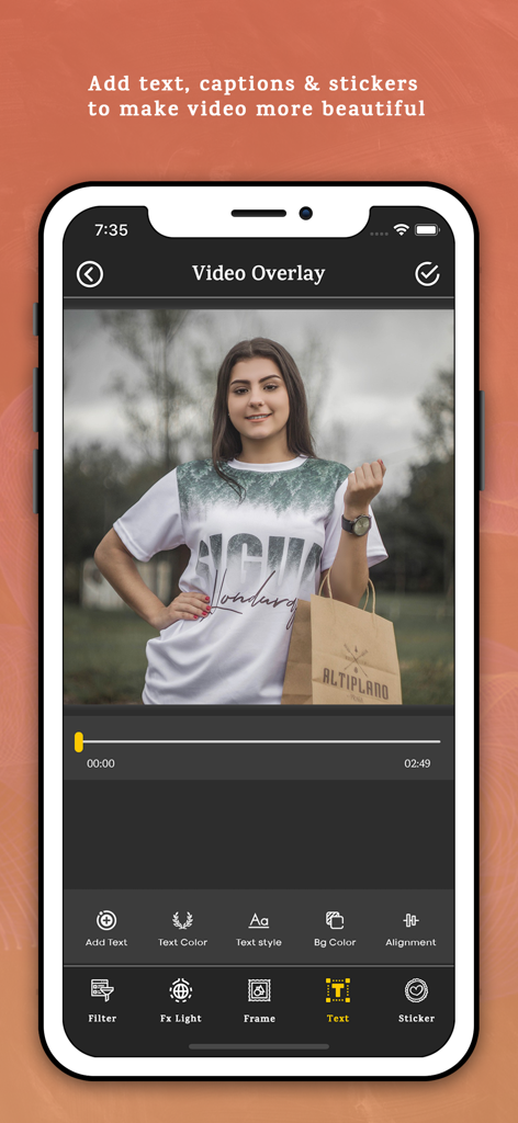 Video Maker With Music - Mobile app interface for adding text and stickers to videos in Video Maker With Music