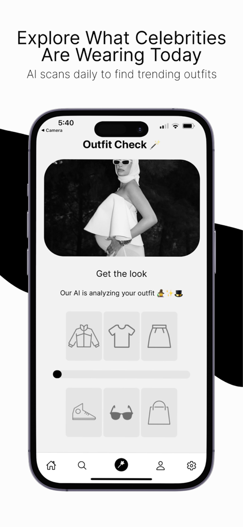 Outfit Check App-Oberfläche, die eine KI-Analyse eines Promi-Outfits zeigt, um passende Kleidungsstücke zu finden