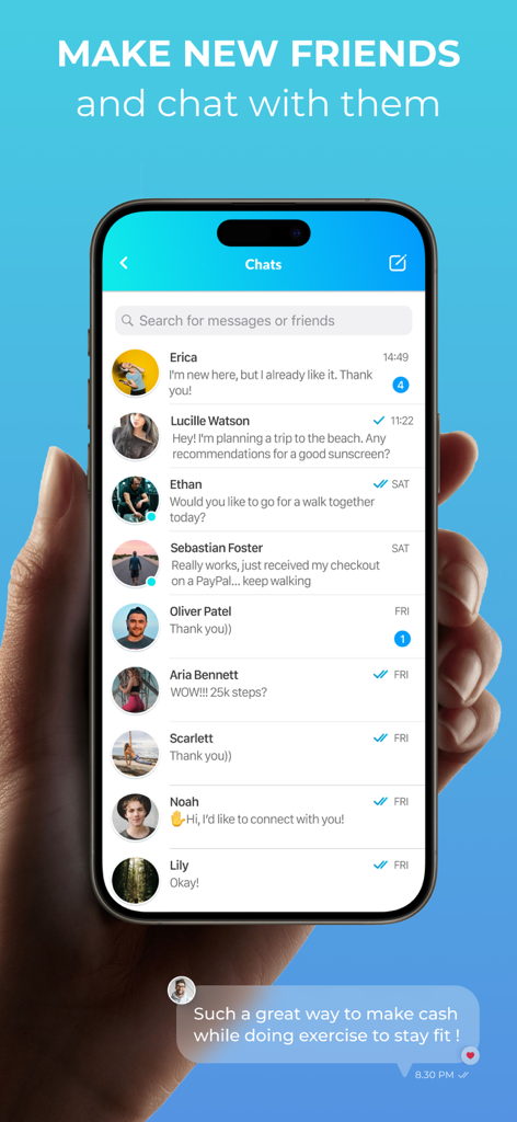 Cash for Steps app interface showing a messaging list of users chatting about walking and earning money