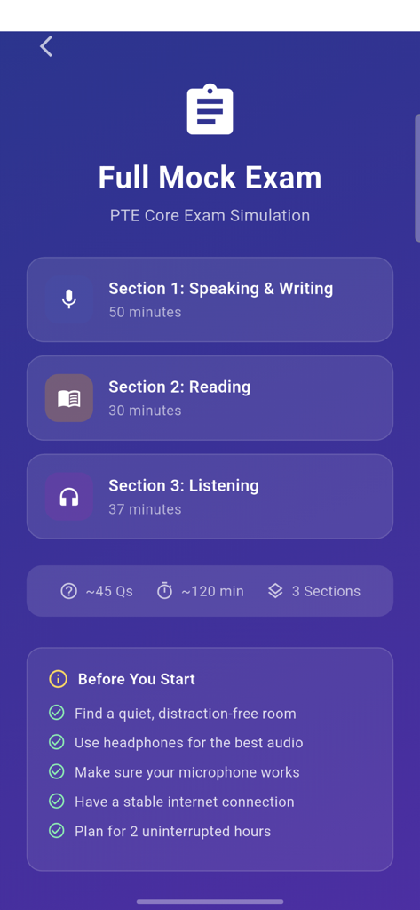 PTE Core 2026 Mock Exam - Full mock exam interface for PTE Core simulation showing exam sections, durations, and preparation checklist.