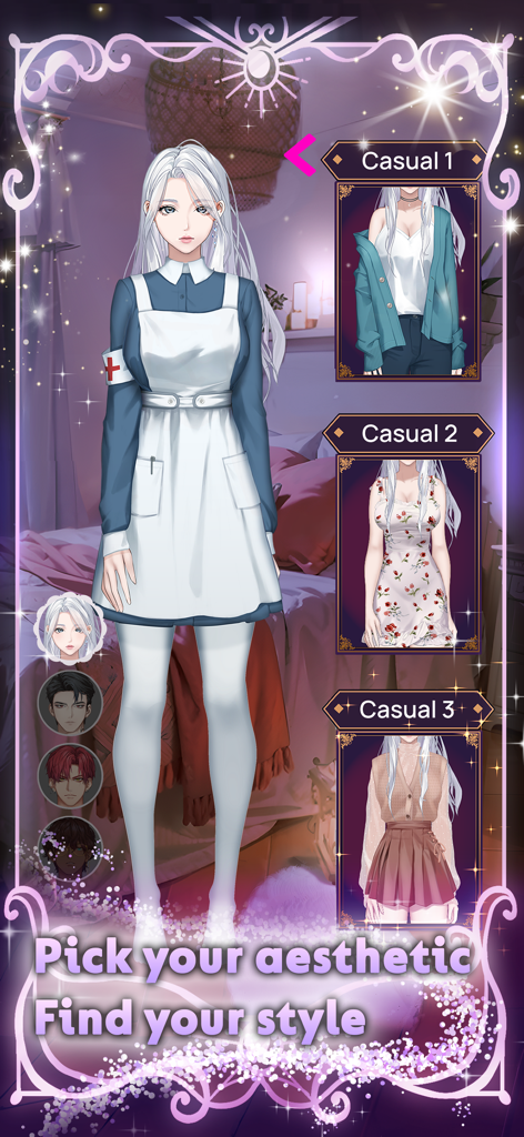 Moonlight Ascension - Otome - A character customization screen in Moonlight Ascension showing various casual outfit options for a female avatar