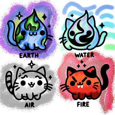 4 cats that represent the different elements, earth, water, air, and fire