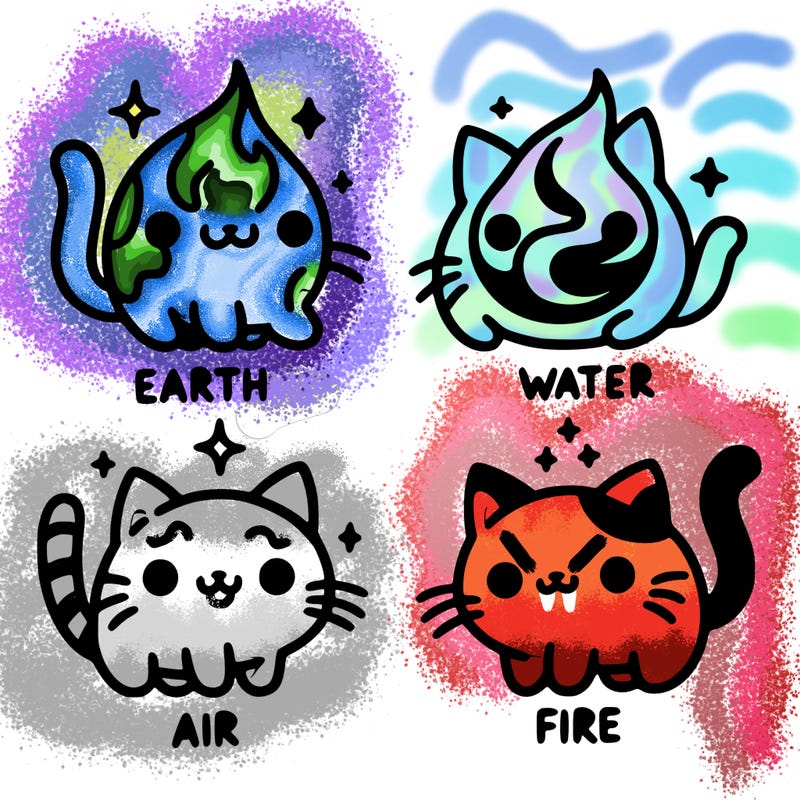 4 cats that represent the different elements, earth, water, air, and fire