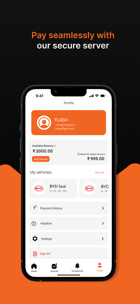 Flash EV Charge - Flash EV Charge app profile interface showing user balance, vehicle information, and account settings