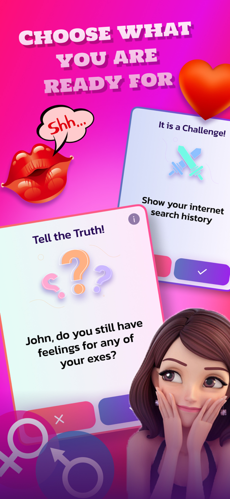 Truth or Dare 2025 - Truth or Dare 2025 mobile app interface showing a truth question and a dare challenge card on a pink background