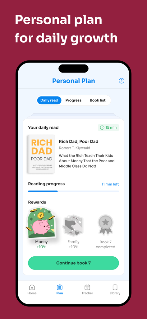 Retell - Key Ideas in 15 Mins - Retell app interface displaying a personal growth plan with a daily book summary and reading progress trackers.