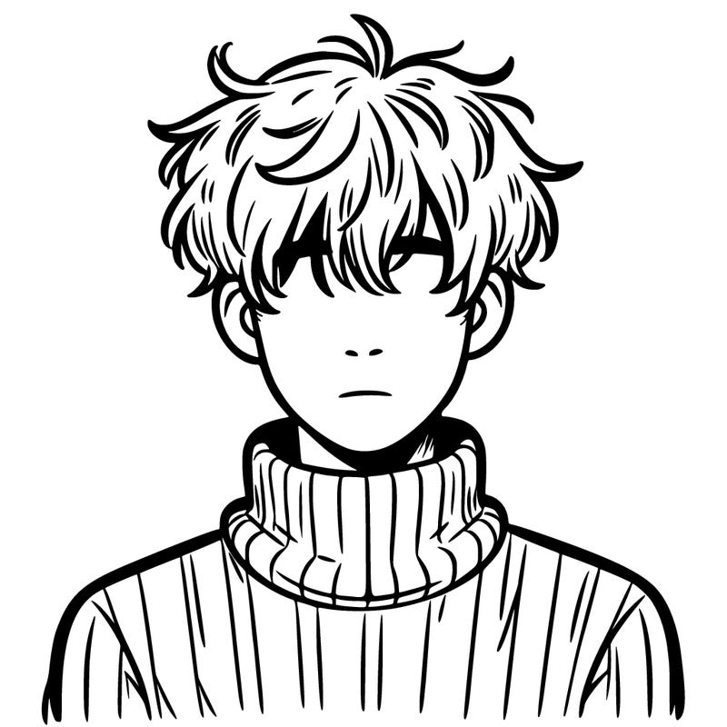 male teenager with messy hair wearing a cozy turtleneck pullover