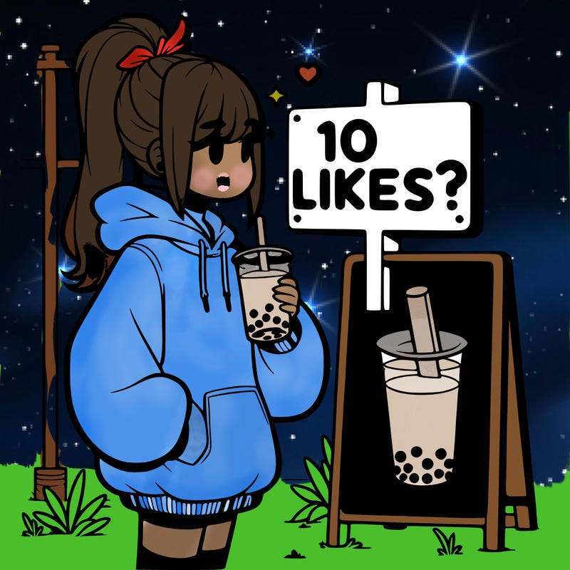 girl with oversized hoodie drinking boba and she has a high ponytail with a sign that says 10likes?