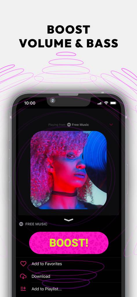 Un smartphone que muestra la aplicación b Buds plus con un botón rosa de realce para el volumen y la mejora de graves