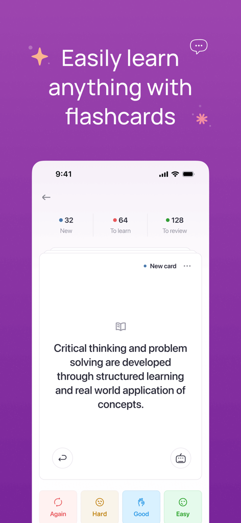 Studyflash: AI Flashcards - Studyflash app interface displaying a digital flashcard with spaced repetition review buttons like again hard good and easy.