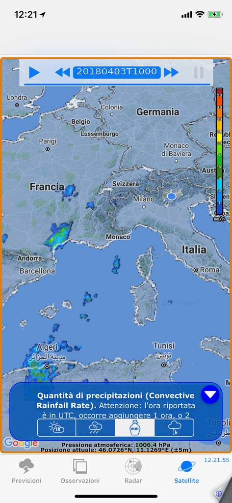 Satellite map view in the Meteo Trentino app showing precipitation levels and convective rainfall rate over Italy.