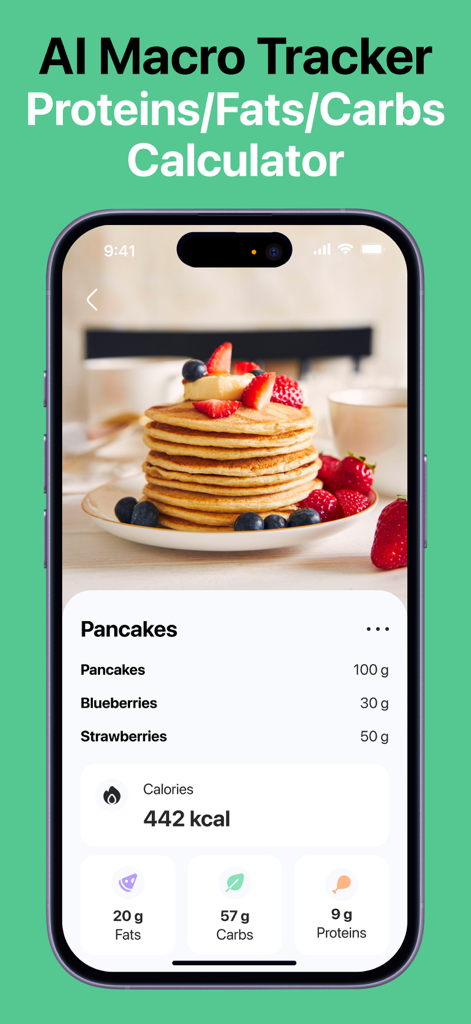 AI Calorie Counter by AI-Cal - AI Calorie Counter interface displaying calorie and macro breakdown for a stack of pancakes
