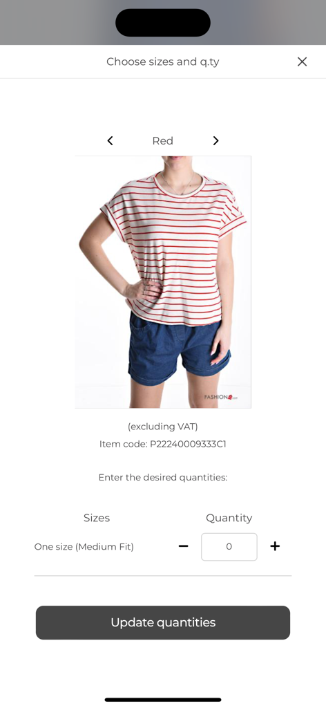 FashionPo - Selezione di taglie e quantità per l'abbigliamento all'ingrosso nell'app FashionPo