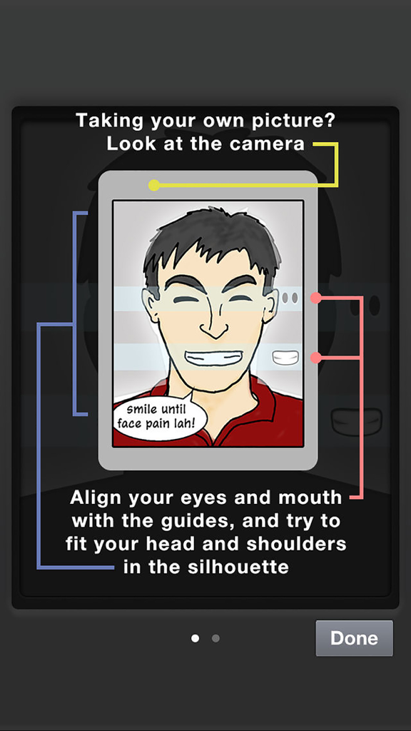 IC Photo Singapore - Instructional screen showing guides for aligning eyes and mouth for a compliant Singapore identity photo