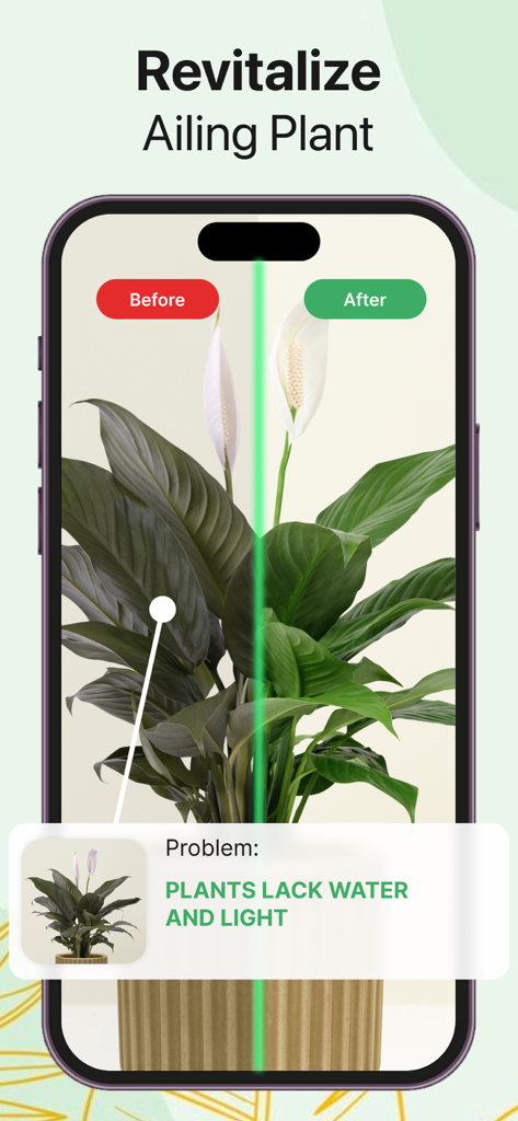 Ai Plant Identifier Tree Weed - Pantalla de smartphone que muestra una comparación antes y después de una planta enferma con diagnóstico y consejos de cuidado de IA