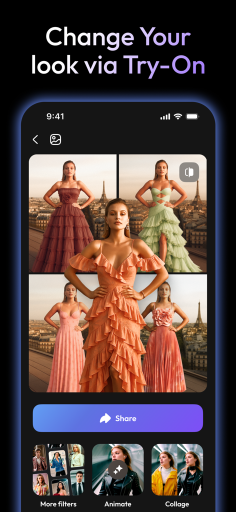 Nufa AI app interface showing a woman virtually trying on different elegant dresses with the Eiffel Tower in the background