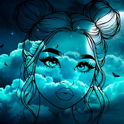 realistic girl with two buns on her hair and lips