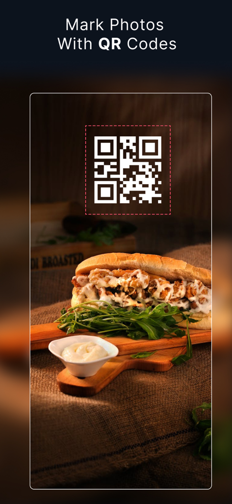 eZy Watermark Photos Lite - A professional food photo of a sandwich with a custom QR code watermark overlay