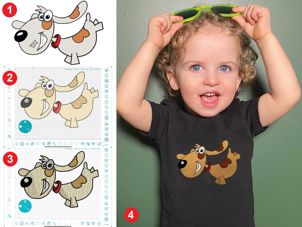 Embroidery Design Doodler - A four-step process showing a dog doodle converted into an embroidery design and stitched onto a child's t-shirt.