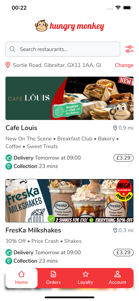 Hungry Monkey Gibraltar - Home screen of Hungry Monkey Gibraltar app featuring local restaurant listings and delivery options.