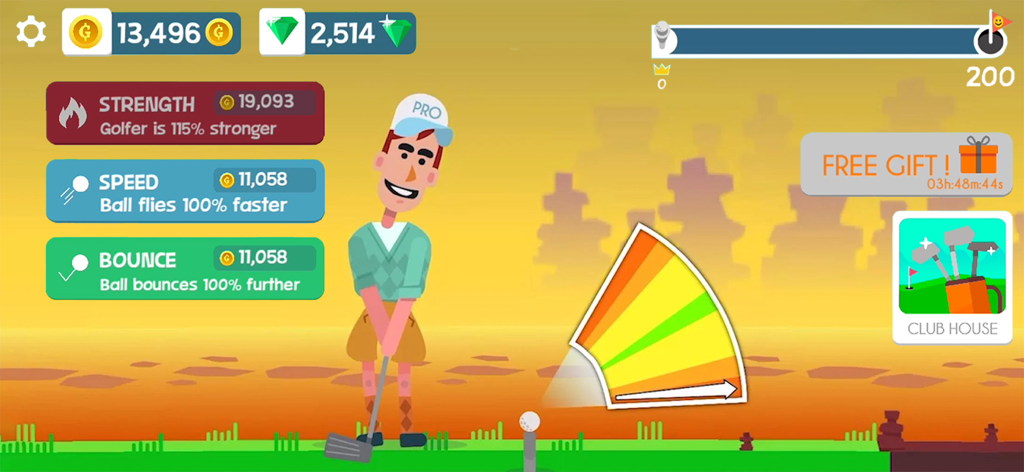 A golfer in Golf Orbit preparing a swing with a colorful power meter and upgrade menus for strength and speed.