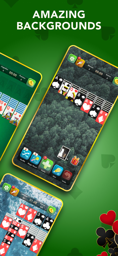 Solitaire Classic Card Game. - Pantalla de la aplicación Solitario Clásico que muestra fondos de juego personalizables como un bosque verde y olas del océano.