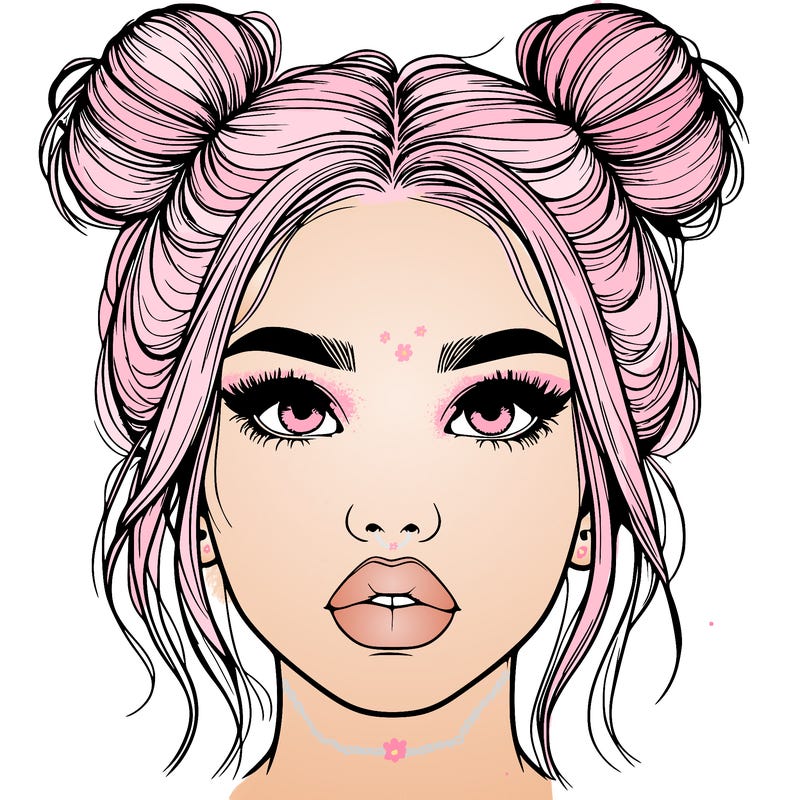 realistic girl with two buns on her hair and lips