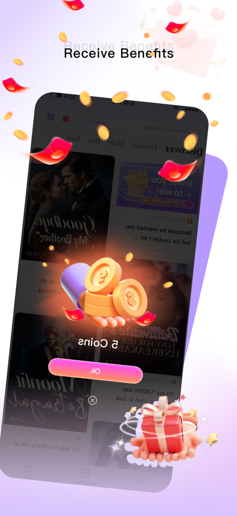 NovelShort - Novels & Fiction - NovelShort App-Oberfläche, die eine Belohnung von 5 Münzen mit fallenden Blütenblättern und einer Geschenkbox zeigt