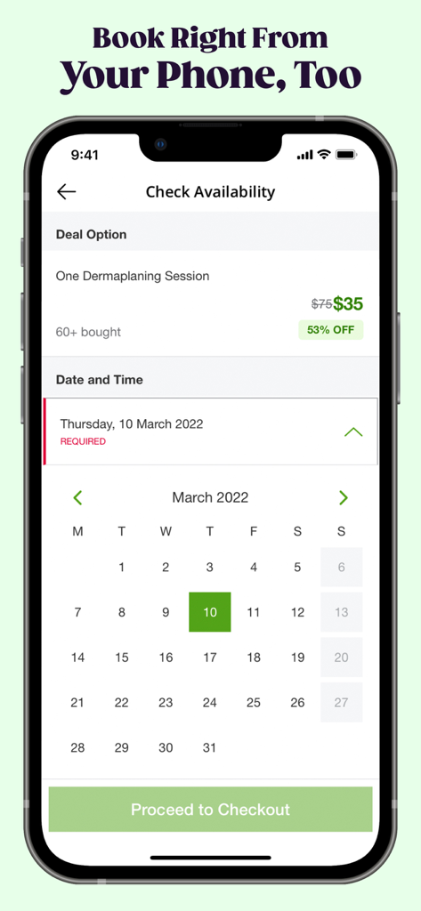Pantalla de la aplicación Groupon que muestra un calendario para reservar una oferta de servicio local en un smartphone