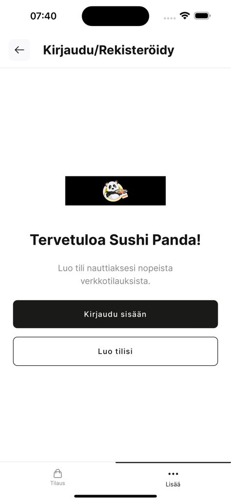 Sushi Panda App - Tela de boas-vindas do aplicativo Sushi Panda com botões de login e registro