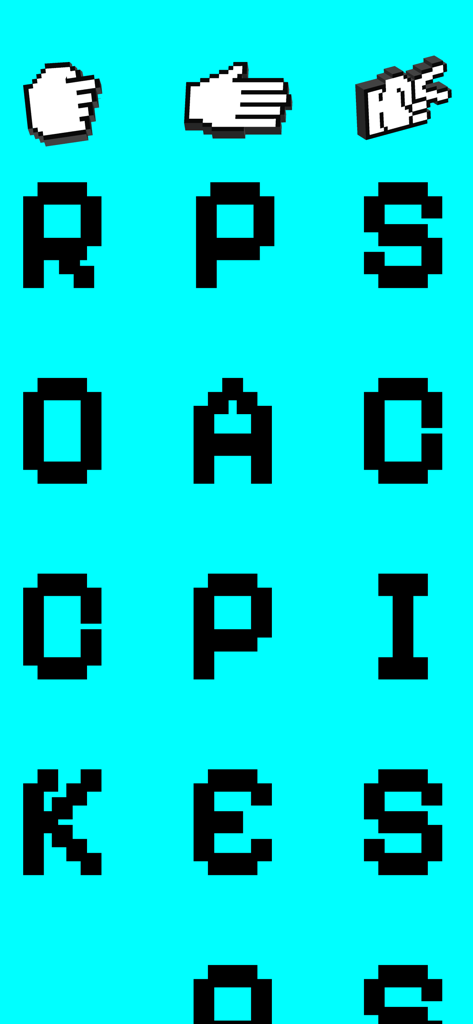 RPS - Rock, Paper, Scissors - Pixel art menu screen of the Rock Paper Scissors mobile game showing retro icons and text.