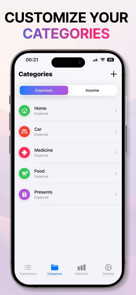 Money Manager & Budget App - Mobile app interface showing customizable expense categories like home car and food with colorful icons