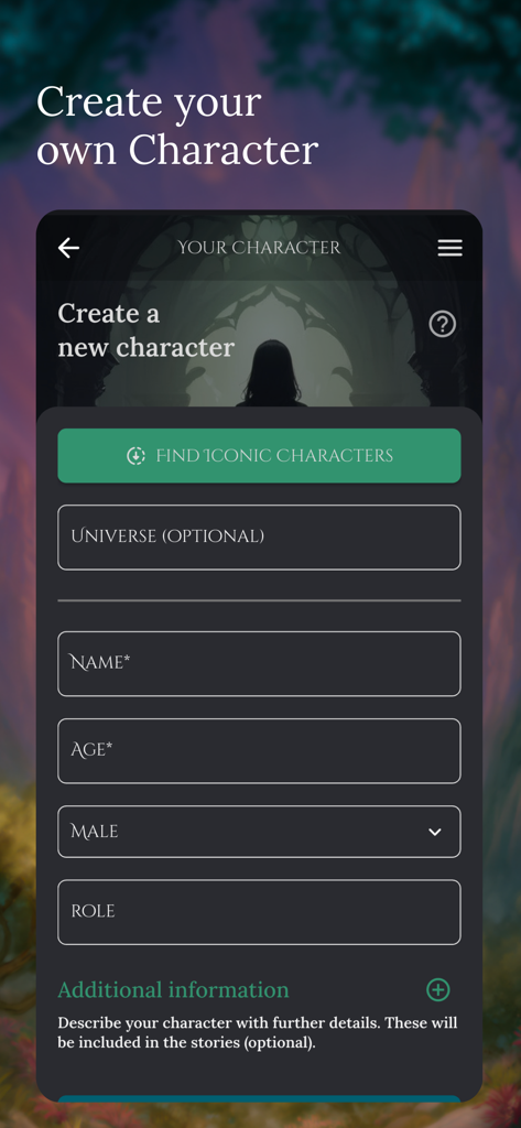 Character creation screen in the StoryZone AI RPG app