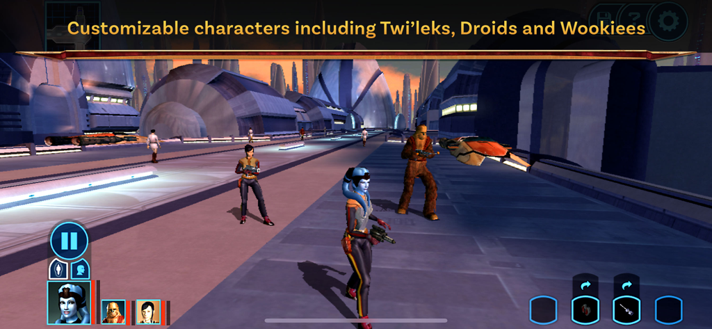 Un grupo de personajes personalizables, incluyendo un Twi'lek y un Wookiee, en Star Wars KOTOR móvil
