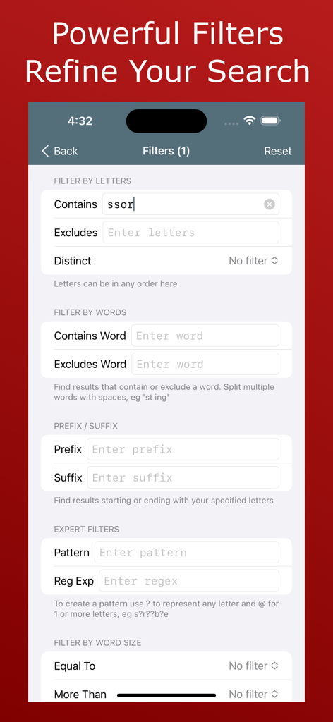 Crossword Solver King - Interface of the Crossword Solver King app showing advanced search filters for letters words and word size