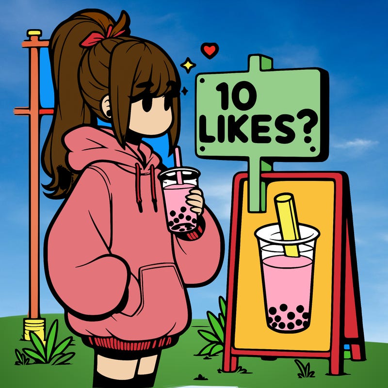 girl with oversized hoodie drinking boba and she has a high ponytail with a sign that says 10likes?