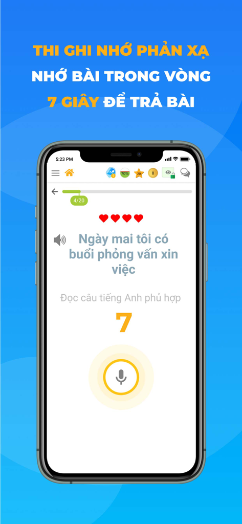 Lang Kingdom - Best At English - A mobile app interface from Lang Kingdom showing a 7-second timed English speaking reflex exercise for Vietnamese learners.