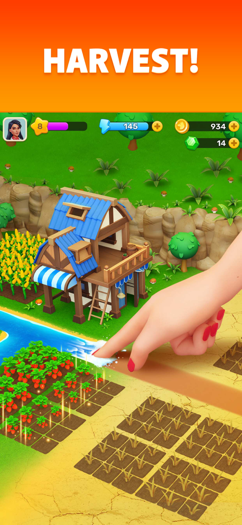 Klondike Adventures: Farm Game - Uma mão colhendo morangos em um campo de fazenda virtual no jogo Klondike Adventures.