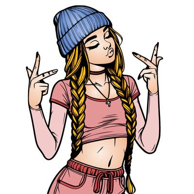 realistic teenage girl with braids and a beanie and crop top doing 🫶🏼