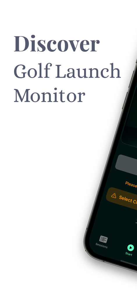 Tela do iPhone exibindo o texto de introdução do Discover Golf Launch Monitor e a interface do aplicativo