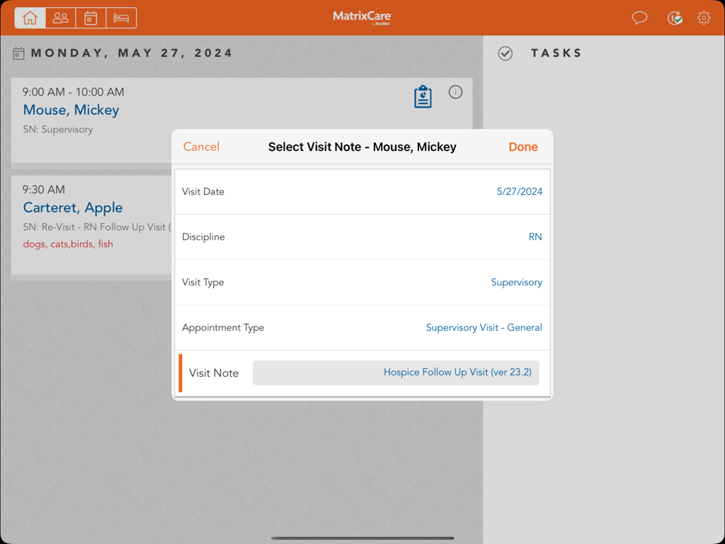 MatrixCare Clinical app interface on iPad showing a popup to select a visit note for a scheduled patient appointment